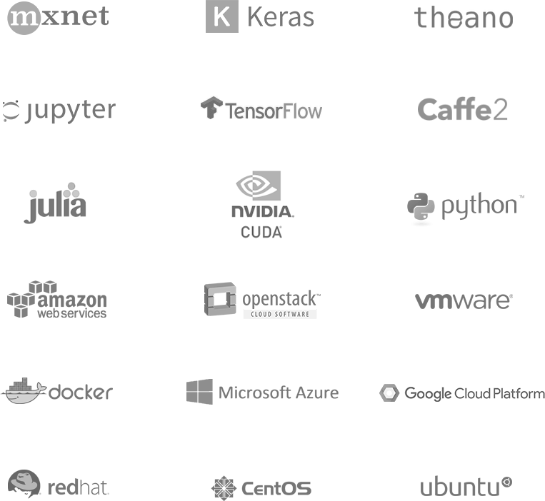 TensorFlow Caffe2 Python Julia NVidia CUDA Amazon Web Services OpenStack VMware Docker