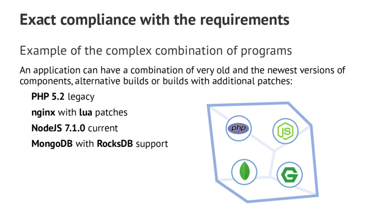 Exact compliance with the requirements Example of the complex combination of programs An application can have a combination of very old and the newest versions of components,alternative builds or builds with additional patches: PHP 5.2 legacy nginx with lua patches NodeJS 7.1.0 current MongoDB with RocksDB support